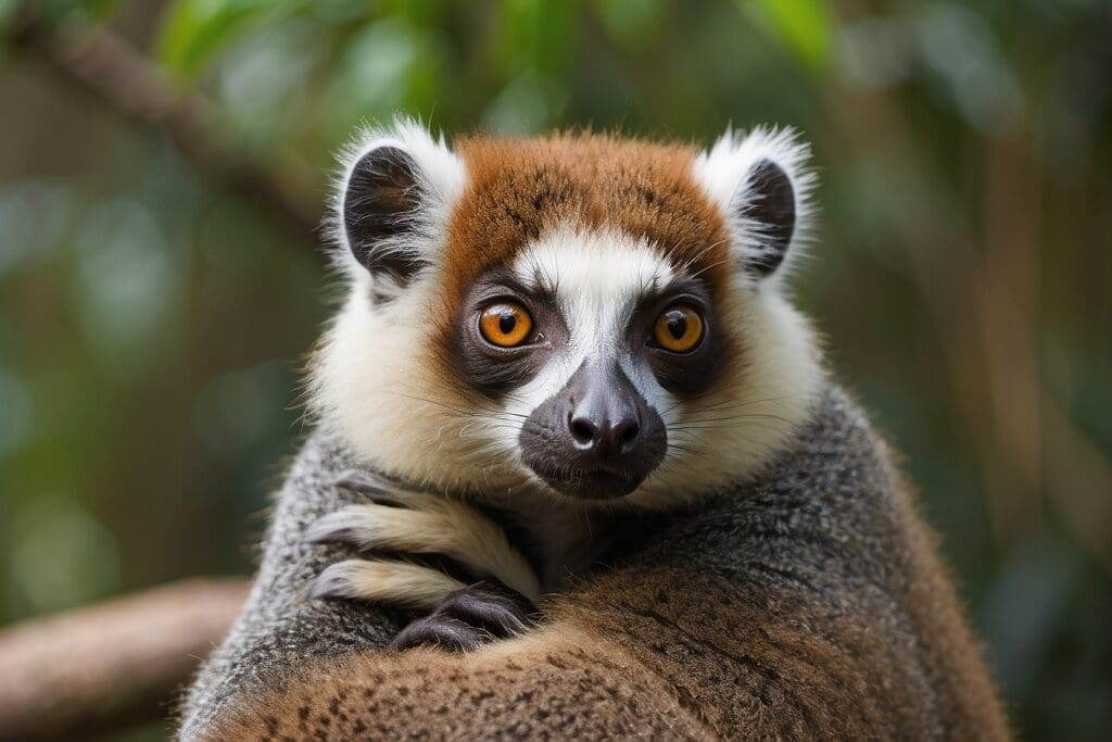 A lemur with large, mesmerizing orange eyes and a striking white face perches gracefully on a tree branch, surrounded by lush green foliage.