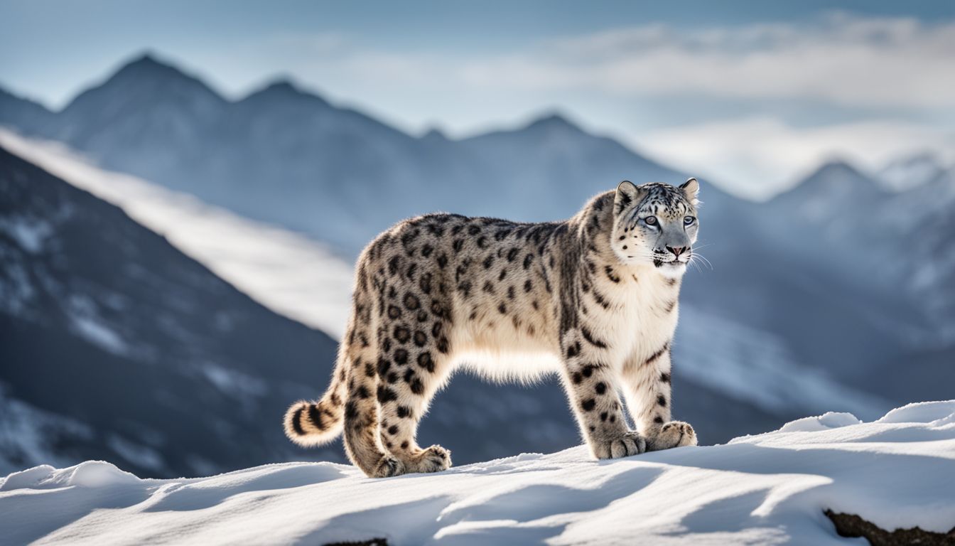 'A solitary snow leopard in a snowy mountain landscape, wildlife photography.' 'A solitary snow leopard in a snowy mountain landscape, wildlife photography.'
