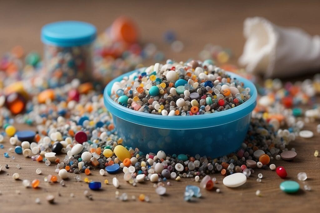 A blue container brimming with vibrant, multicolored microbeads sits on a wooden surface, encircled by scattered beads and an empty bottle.