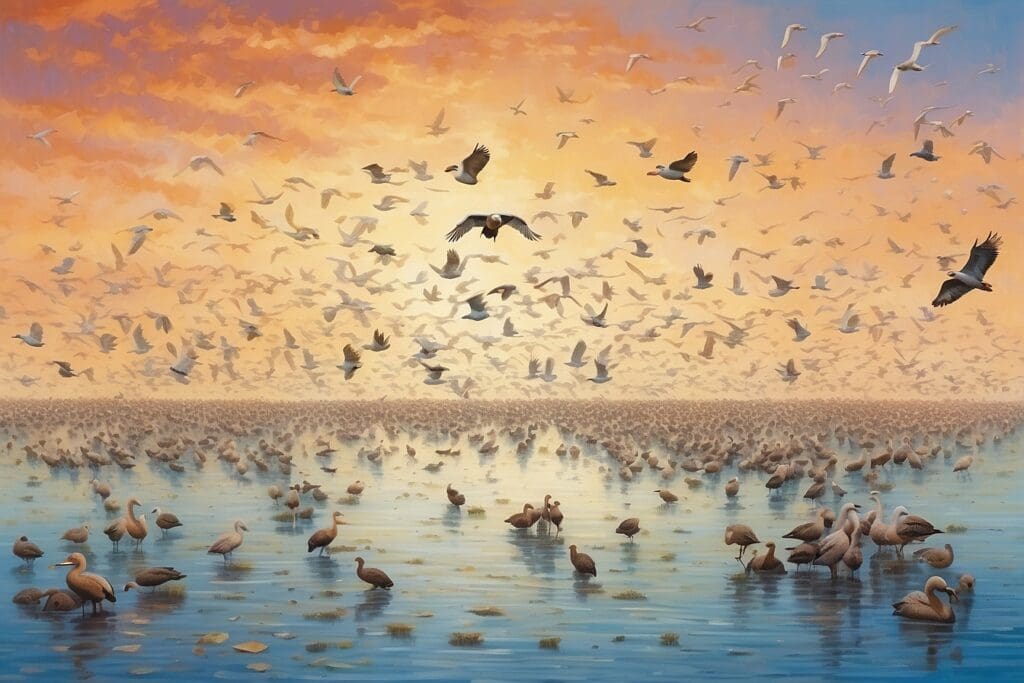 A large flock of migratory birds glides over a calm body of water at sunrise, with the sky glowing in warm shades of orange and blue.
