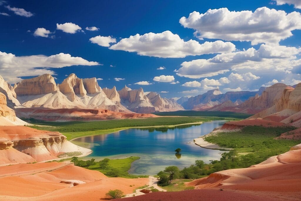 A vibrant desert landscape in one of the National Parks, showcasing layered red and white cliffs, a green valley, and a blue lake under a sky filled with scattered clouds.