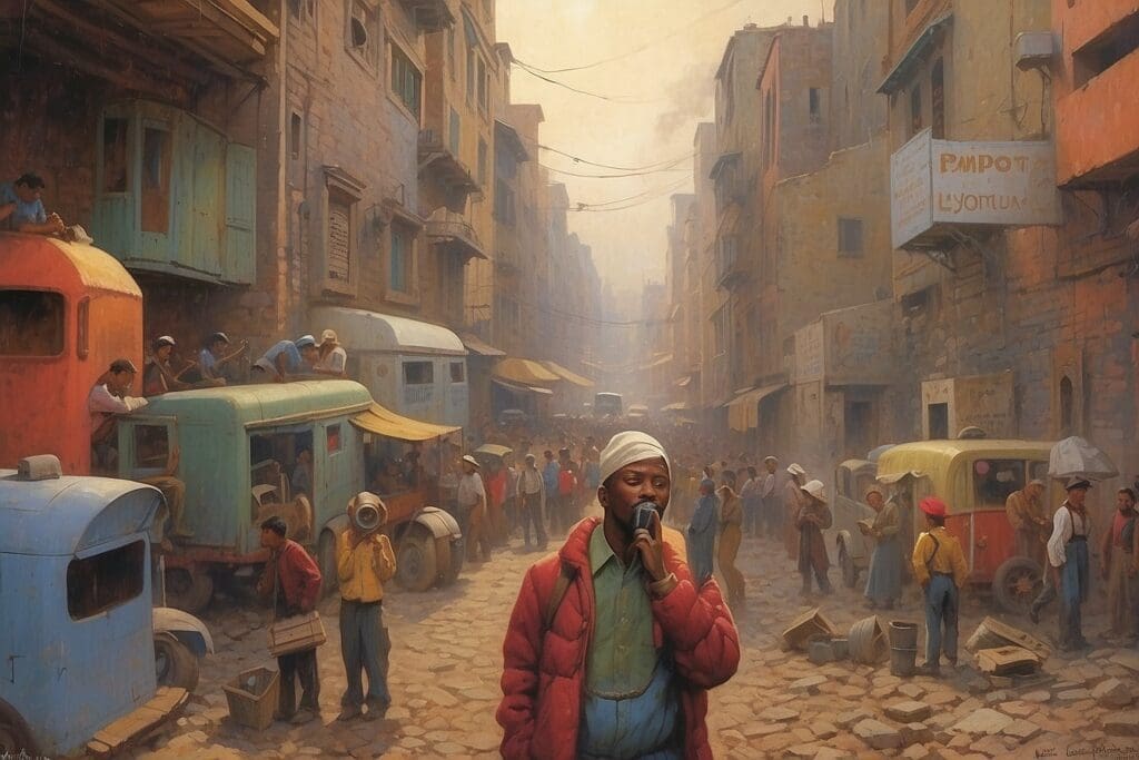 In a bustling street lined with vintage vehicles and stone buildings, a person in a red jacket speaks into a microphone, addressing the pressing issue of noise pollution as people work and walk around.