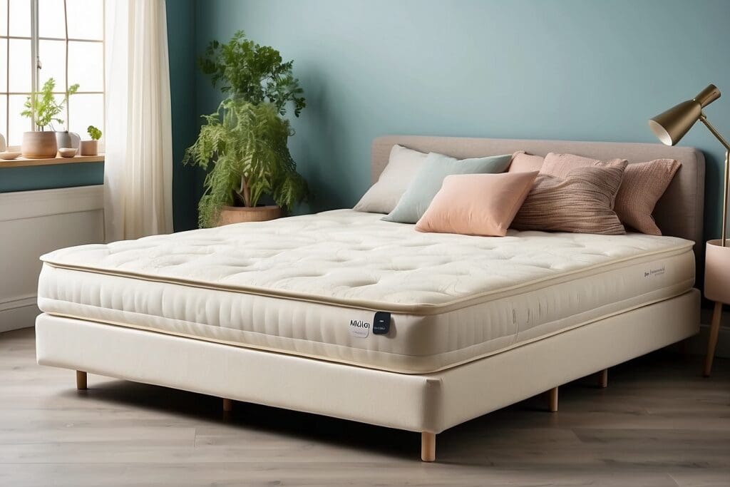 A neatly made bed with crisp white bedding rests in a light teal room, where plush mattresses promise comfort. The space is accented by vibrant plants on the windowsill and softly illuminated by a floor lamp, creating a serene retreat.