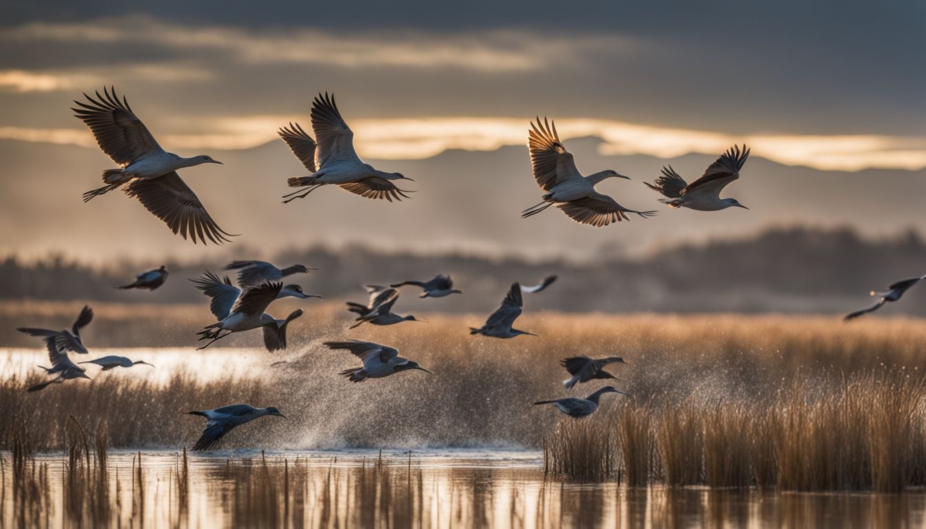 A flock of rare birds taking flight in a restored wetland. A flock of rare birds taking flight in a restored wetland.