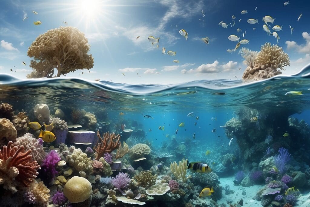 An underwater scene with colorful coral reefs and various fish thrives beneath a clear sky and bright sunlit ocean surface, even as the looming threat of ocean acidification casts a shadow over this marine paradise.