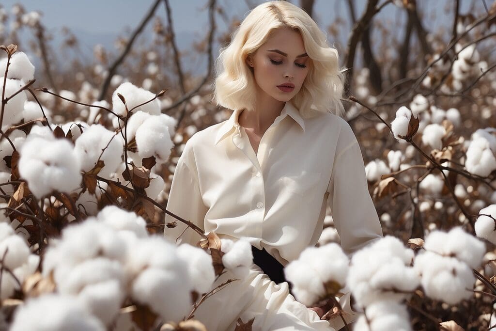 A woman in a white outfit stands amidst a field of organic cotton under a clear sky.
