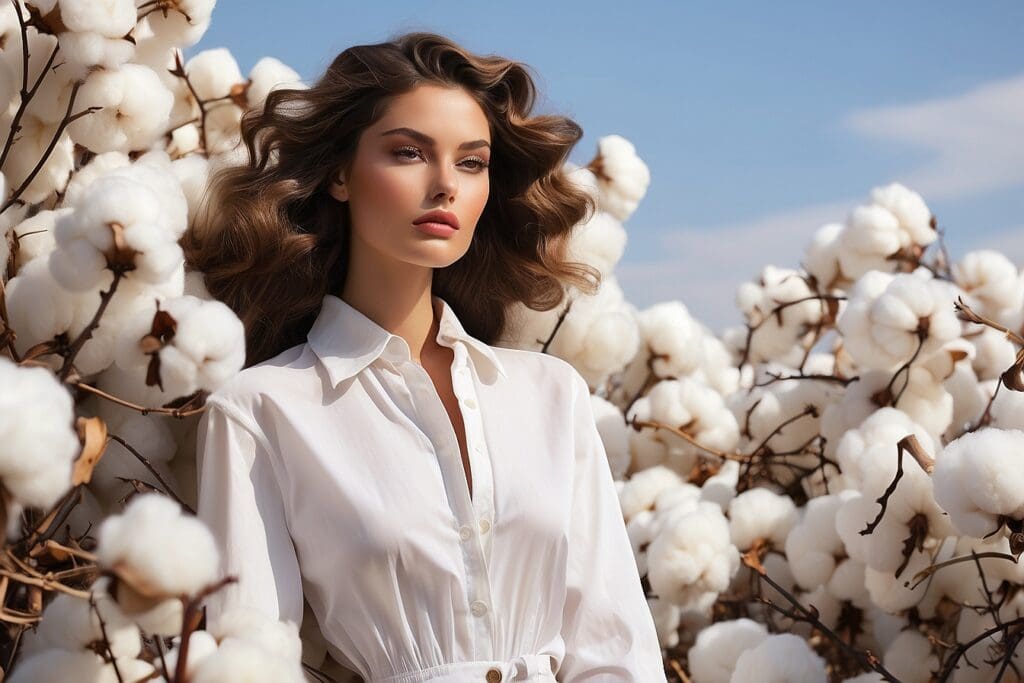 A woman in a white dress stands among organic cotton plants under a clear blue sky.