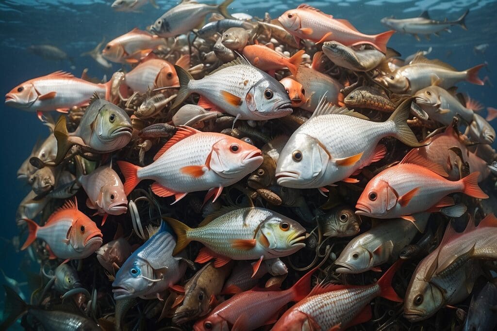A dense cluster of various fish underwater, showcasing a mix of colors and species, swimming closely together—a vibrant sight threatened by overfishing.