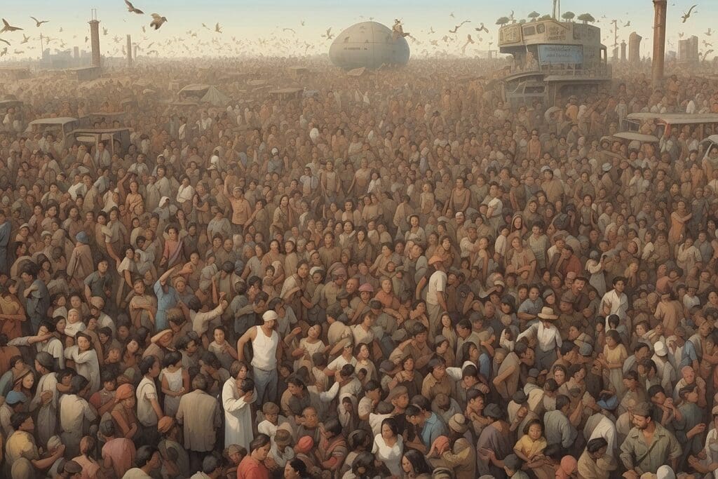 A vast crowd of people gathered in an open area with futuristic structures and vehicles in the background, under a sky teeming with birds, illustrating the challenges of overpopulation.