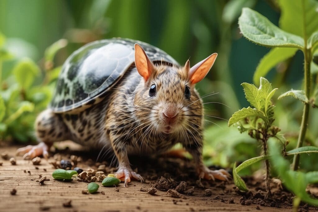 A small creature with a turtle shell and mouse-like features stands on a wooden surface surrounded by greenery, subtly reminding one of the importance of effective pest control.