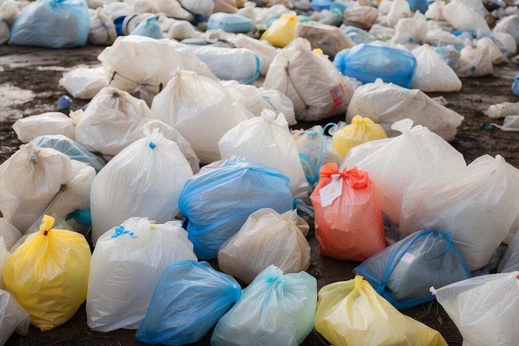 Plastic bags filled with waste are strewn across the ground, a chaotic mix of blue, yellow, and clear colors.