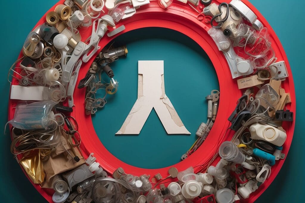This circular art piece features a unique blend of metal and plastic objects, all meticulously arranged around a central white abstract shape on a teal background. It embodies the principles of precycling, encouraging thoughtful reuse and creative transformation.