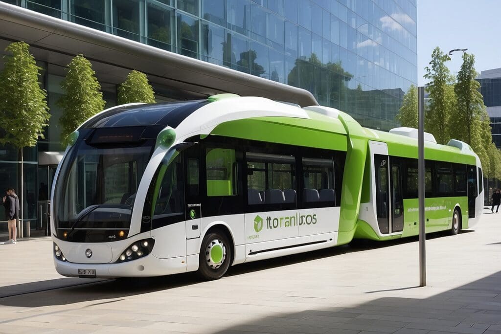 A modern green and white articulated electric bus, a testament to efficient public transport, is parked on a city street next to a glass building and trees.