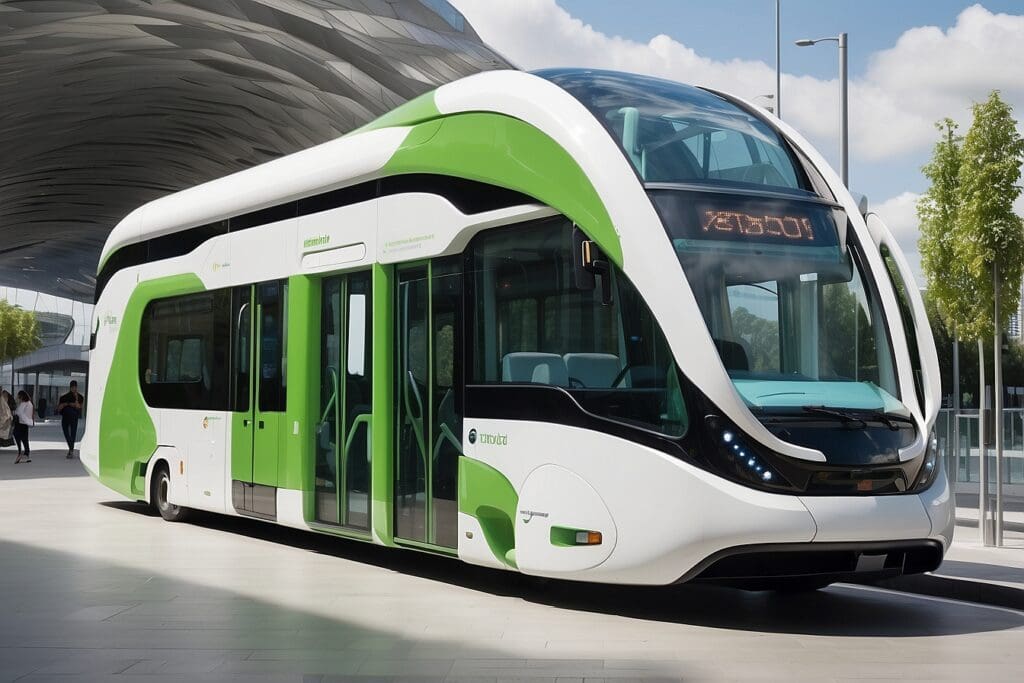 A modern, green and white futuristic electric bus, a beacon of public transport innovation, is parked on a sunny day with trees and a contemporary building in the background.