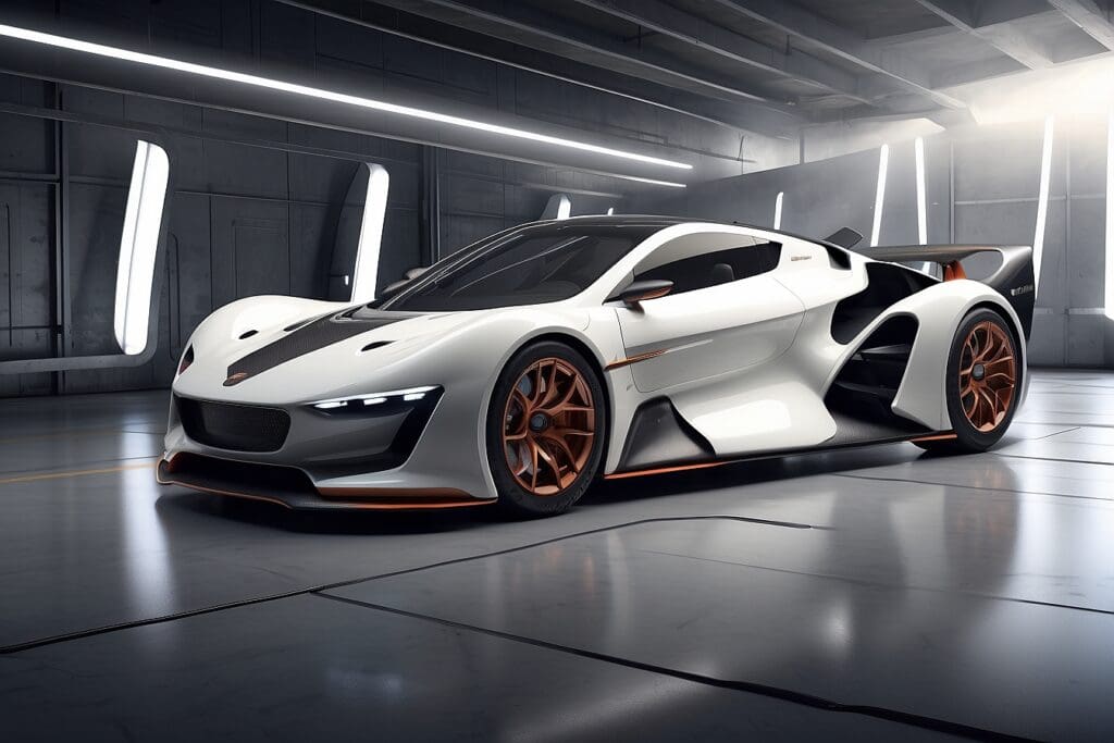 A futuristic white racing car with orange accents is parked in a well-lit, industrial garage.