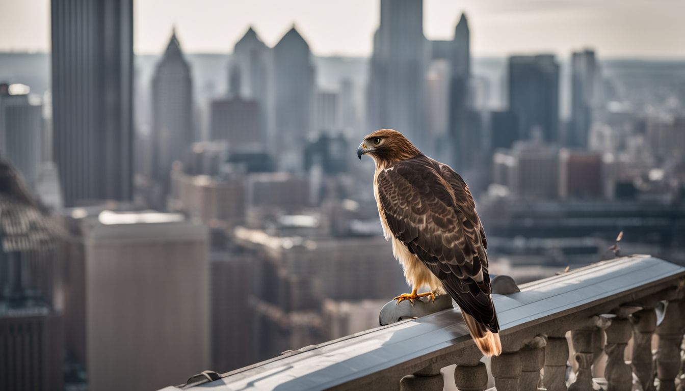 A Red-tailed Hawk perched on a city skyscraper, observing urban pigeons. A Red-tailed Hawk perched on a city skyscraper, observing urban pigeons.