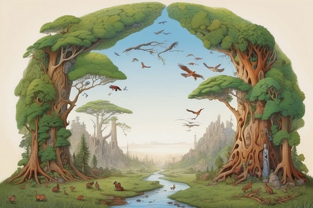 In a vibrant fantasy landscape, two large, whimsical trees arch gracefully over a river, embodying the essence of reconciliation ecology. Birds soar above while animals harmoniously coexist across the scene, set against hills and distant mountains.