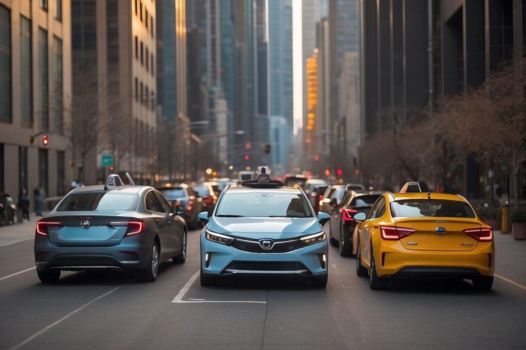 Cars, including taxis and ride-sharing vehicles, glide down a city street lined with tall buildings at sunset.
