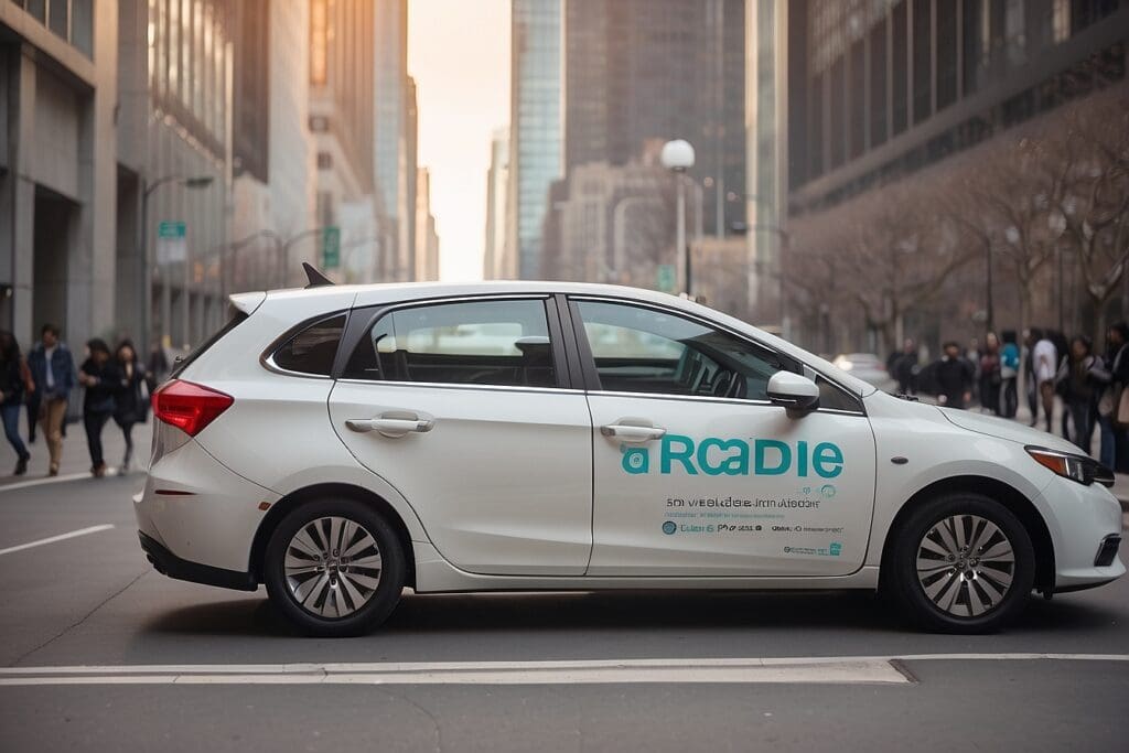 A white car with "Roadie" on the side, a nod to ride-sharing services, is parked on a city street. People and tall buildings loom in the background.