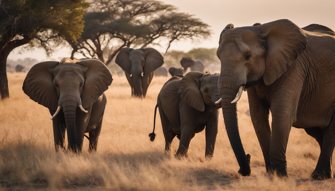 An elephant family grazing in the savannah captured in high definition. An elephant family grazing in the savannah captured in high definition.