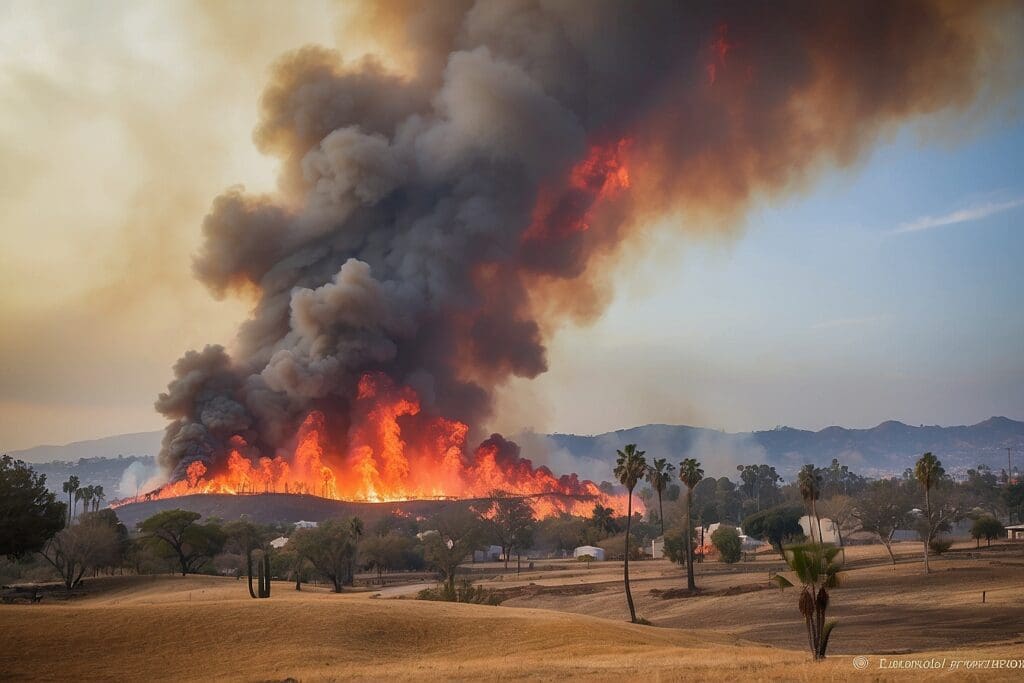 A large wildland fire burns intensely, reminiscent of the notorious San Diego Fires, producing thick smoke and flames in a dry landscape with scattered trees and hills in the background.