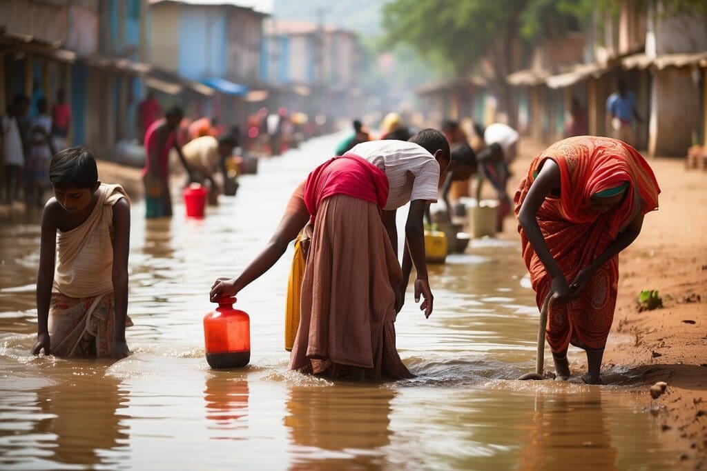 Amidst the scarcity of water, villagers gather with their containers on a flooded dirt road, hoping to collect enough for their needs. Buildings and trees frame the background, standing as silent witnesses to this daily struggle.