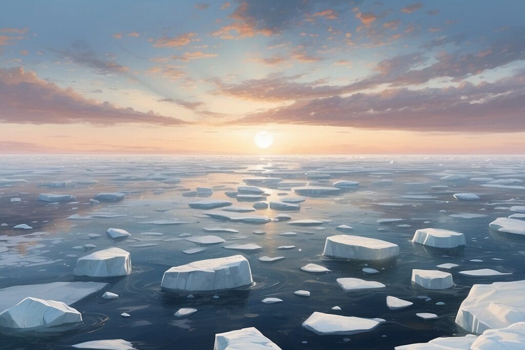 A serene sunset over a vast icy ocean with scattered sea ice and icebergs, beneath a colorful sky.