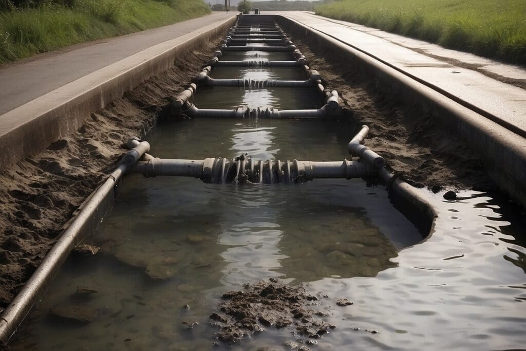 A series of pipes releasing water into a long, rectangular concrete channel by the roadside, with grass thriving on the embankments under a clear sky. Sewage is efficiently managed as it flows through the well-designed system.