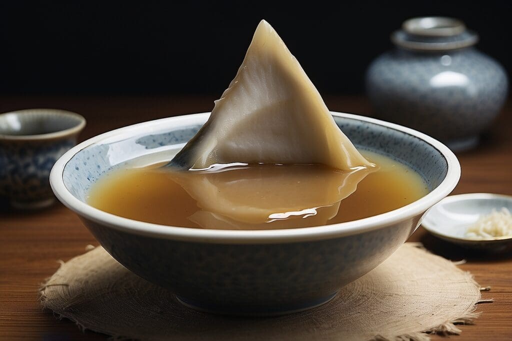 A bowl of amber-colored shark fin soup holds a prominent fin emerging from its surface, set on a wooden mat with ceramic bowls and jars in the background.