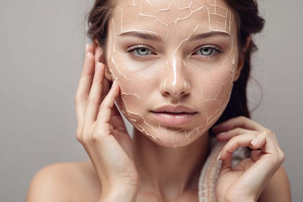 A woman with intricate patterns painted on her face, looking directly at the camera. Her light skin glows with healthy radiance, and her long hair cascades down as her hands gently touch her face, showcasing an aura of pristine skin health.
