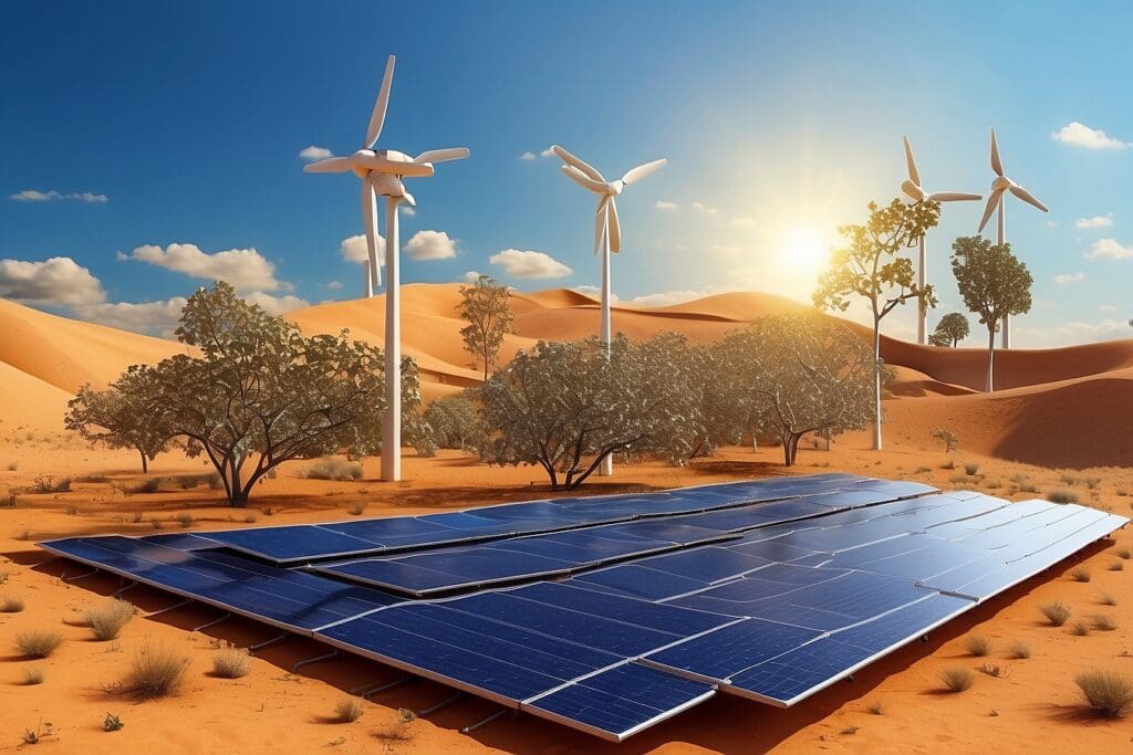 In a desert landscape adorned with solar panels and wind turbines, the sunlight dances over sand dunes and sparse vegetation, showcasing the evolution of solar energy technologies.