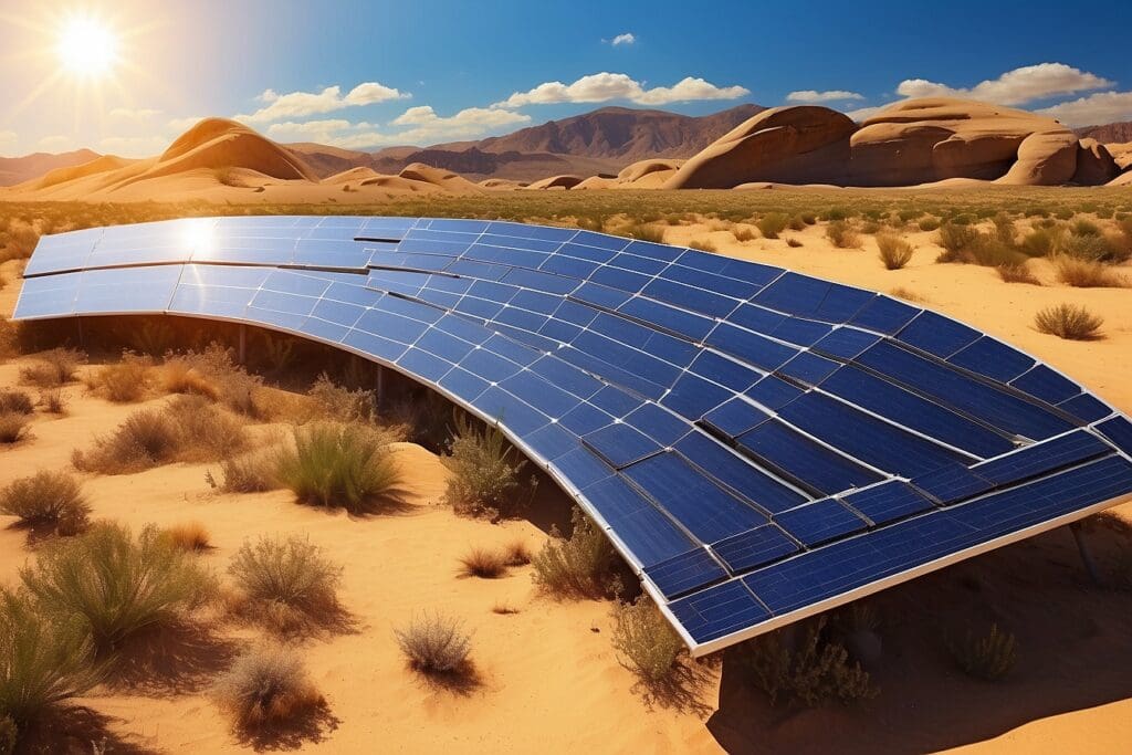 Curved solar panels, showcasing the evolution of solar energy technologies, gleam in a desert setting with sand dunes and mountains under a sunny sky.
