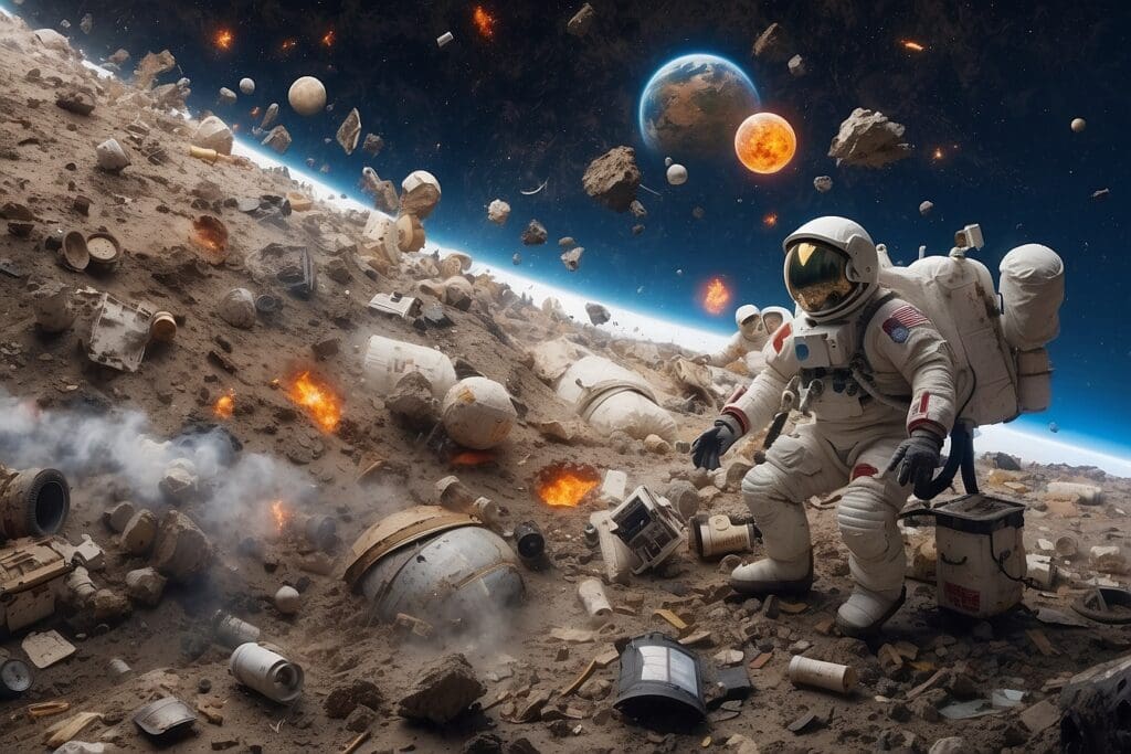 An astronaut navigates a debris-filled lunar surface with floating space objects and fiery explosions in the starry background, a vivid reminder of space pollution.