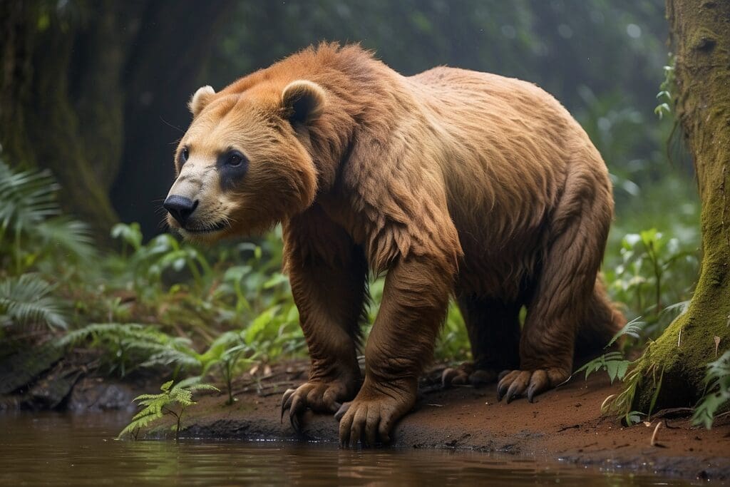 A bear-like species stands beside a small body of water in a lush forest setting.