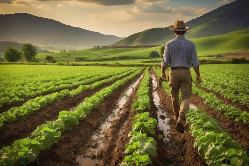 A person in a hat strolls through a lush green crop field, practicing sustainable agriculture, with hills and a cloudy sky in the background.