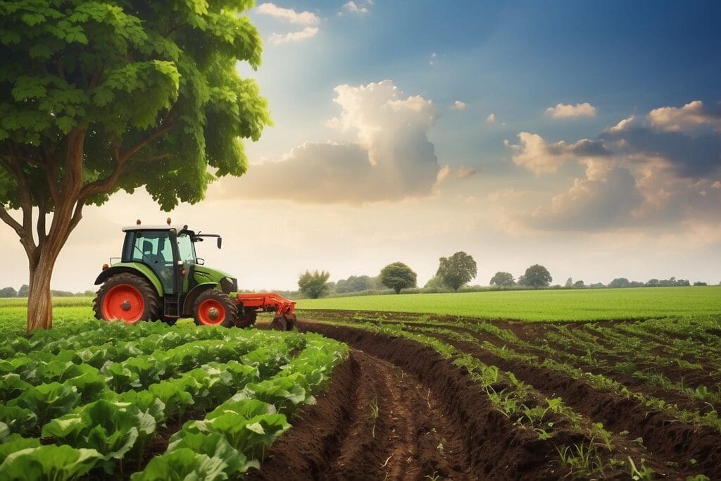 A tractor plows a green field under a clear sky, with crops on one side and newly furrowed rows extending into the distance, embodying sustainable agriculture. A large tree stands to the left.
