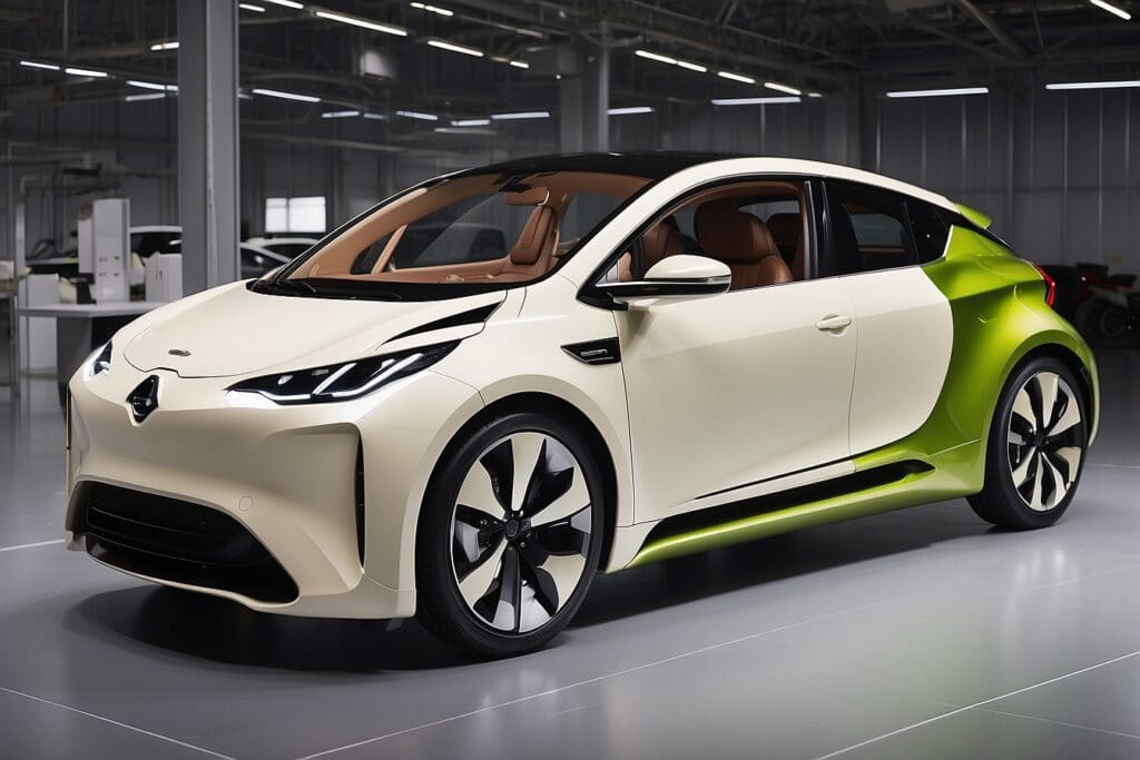 A sleek, white and green electric car, crafted with sustainable automotive materials and featuring a modern design, is parked in a well-lit showroom.