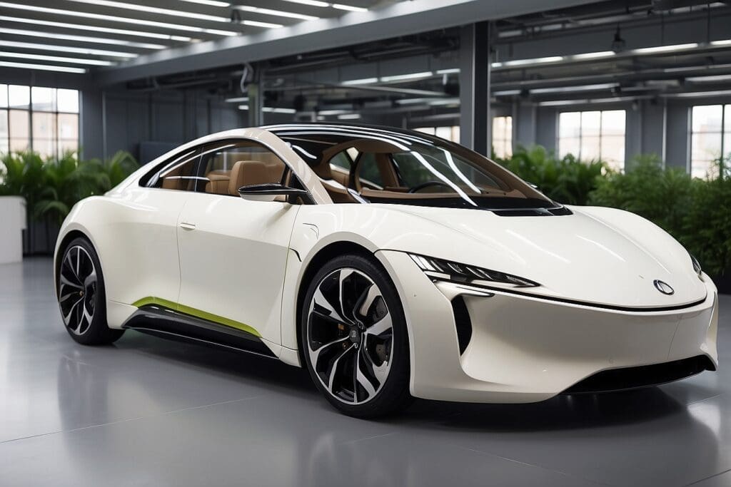 A sleek, modern white sports car crafted with sustainable automotive materials boasts a futuristic design. It is parked indoors under bright lighting, surrounded by lush greenery.