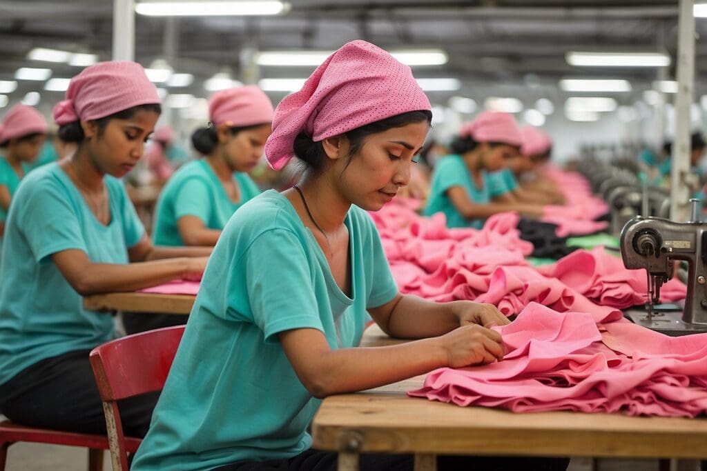 Workers in matching outfits sew pink fabric at tables in a garment factory, reminiscent of the tireless efforts often seen in sweatshops.