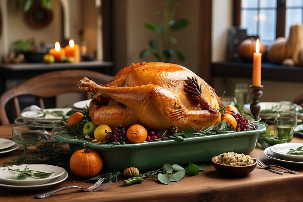A Thanksgiving roasted turkey sits proudly on a platter, surrounded by an array of fruits and vegetables. In the background, a set dining table glows with lit candles, creating the perfect festive atmosphere.