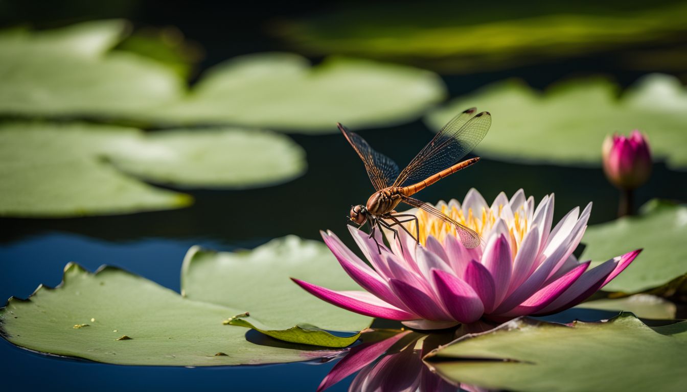 A dragonfly on a water lily leaf in a vibrant wetland. A dragonfly on a water lily leaf in a vibrant wetland.