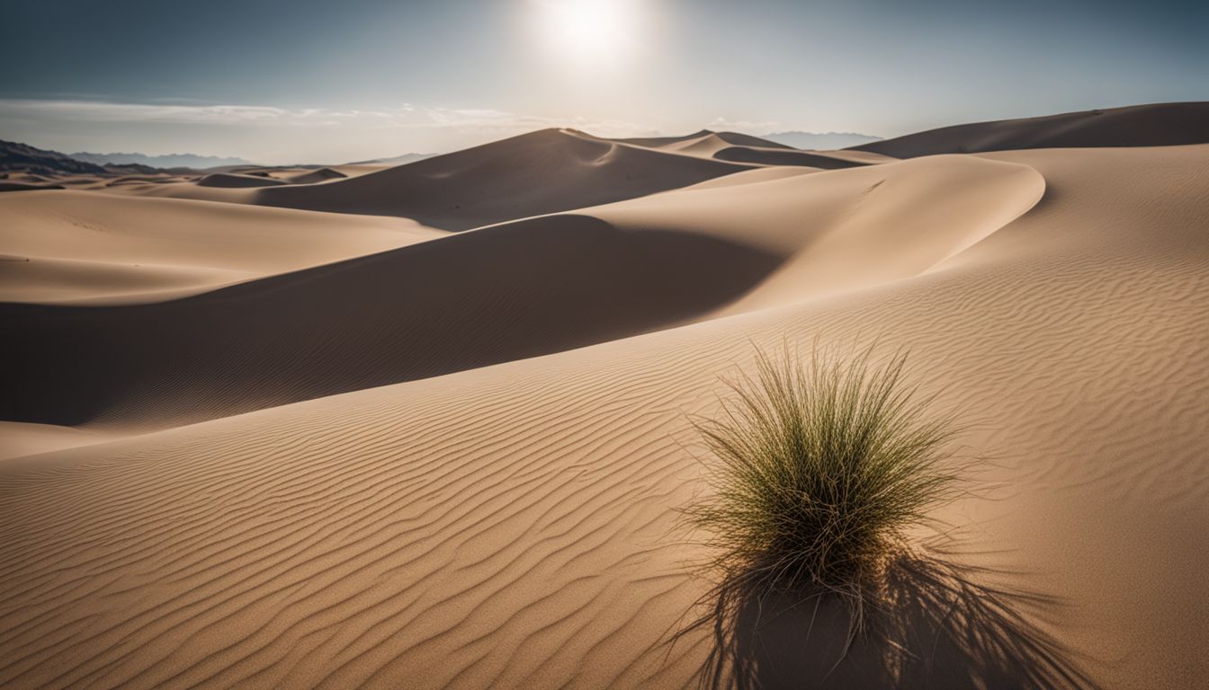 A photo of sand dunes with a solitary desert plant in focus. A photo of sand dunes with a solitary desert plant in focus.