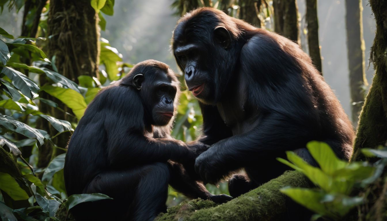 A family of apes grooming in a lush jungle. A family of apes grooming in a lush jungle.