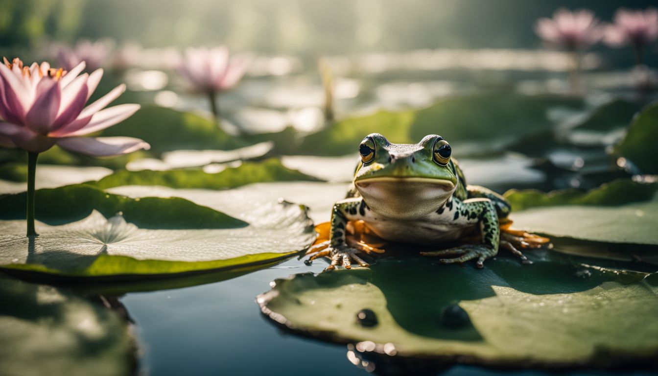 A frog sits on a lily pad in a polluted pond. A frog sits on a lily pad in a polluted pond.