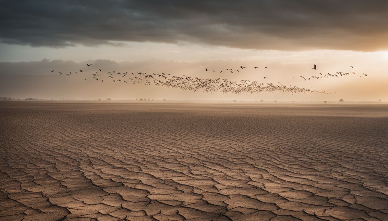 A photo of birds flying over dry cracked land. A photo of birds flying over dry cracked land.