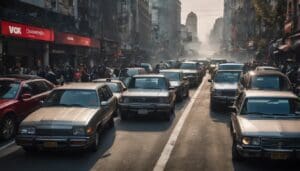 A busy city street filled with cars in heavy traffic, with crowds of pedestrians on the sidewalks and buildings lining both sides of the road.