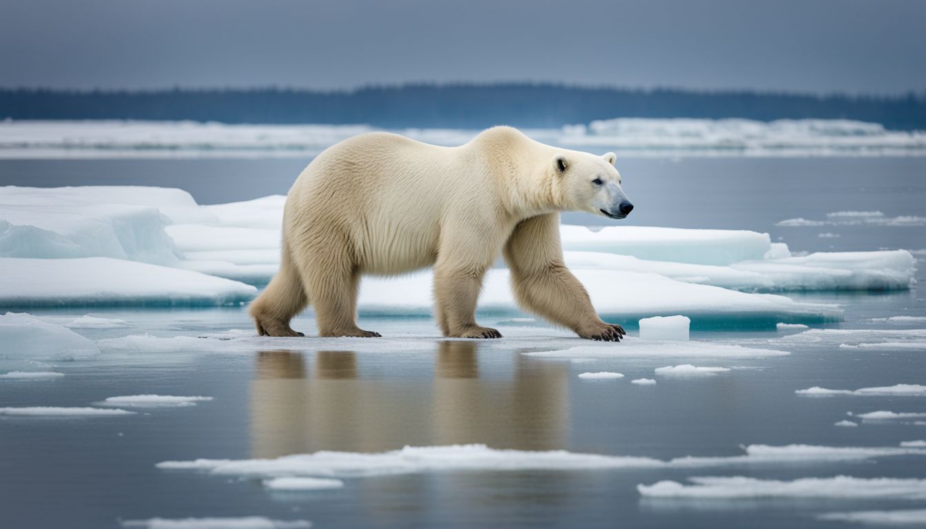 A polar bear stands alone on a melting ice floe in open water. A polar bear stands alone on a melting ice floe in open water.