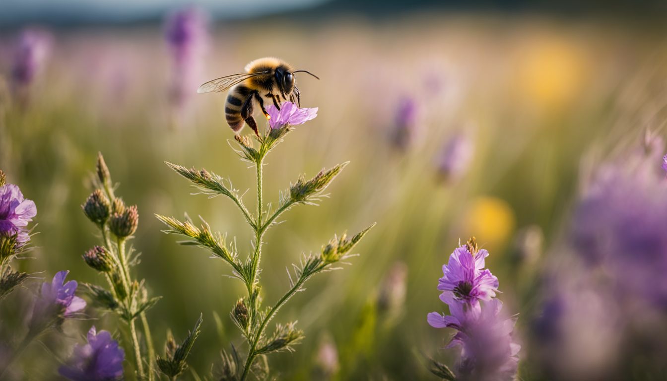 A bee pollinating vibrant wildflowers in a blooming meadow. A bee pollinating vibrant wildflowers in a blooming meadow.