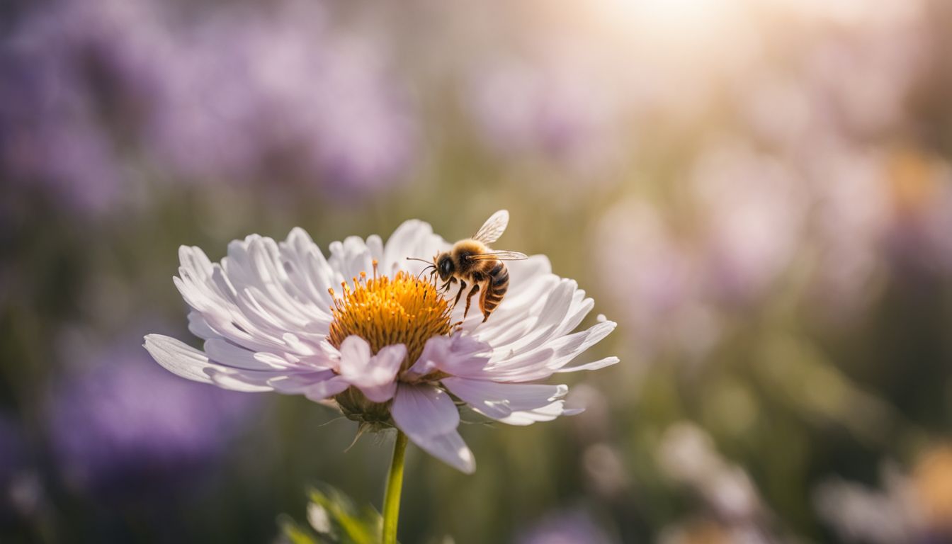 A close-up of a bee pollinating flowers in a field. A close-up of a bee pollinating flowers in a field.