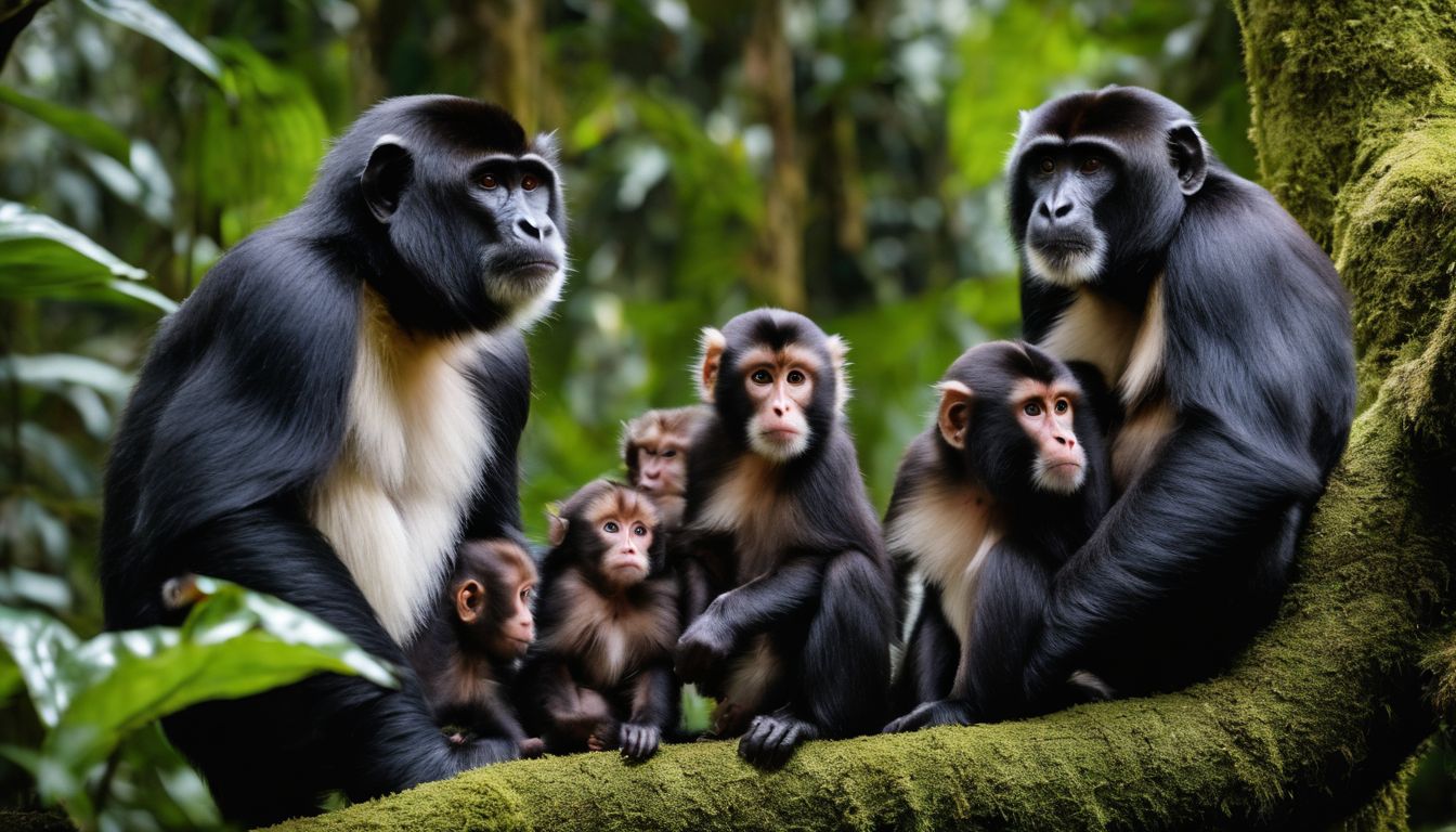 An endangered primate family in a lush rainforest setting. An endangered primate family in a lush rainforest setting.